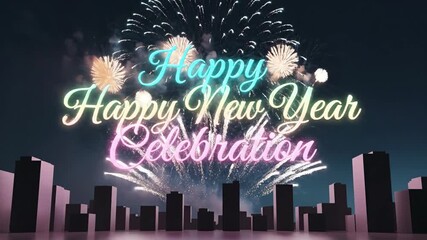 Animated happy new year celebration lettering with colorful fireworks bursting over city skyline. Festive holiday greeting design for new year eve parties and cards.