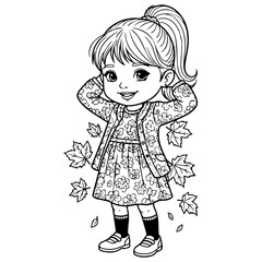 child with autumn leaves: Cute girl in beautiful Autumn Leaves on the fall season vector coloring page outline