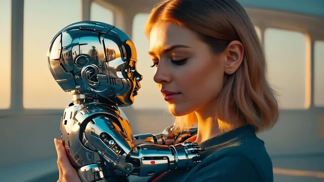 Woman gazing at small humanoid robot baby under warm sunset light