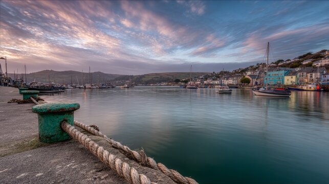 Sunset harbor with boats and coastal town reflections. AI generative