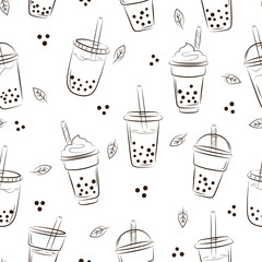 Seamless pattern with doodle bubble tea glasses. Vector cocktail drink illustration