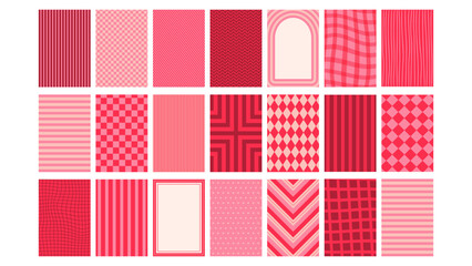 Pink and red whimsical patterns. Retro patterns with checkerboards, rhombs, and stripes in the style of the 1950s. Rectangular backgrounds for nostalgic designs