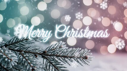 Animated Merry Christmas greeting lettering evolving on festive background. Fir branches with snowflakes and bokeh lights in teal and pink hues for holiday celebration concept. - Powered by Adobe