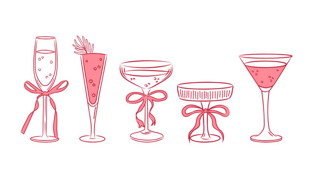 Glasses with alcoholic drinks and aperitifs. Doodles with retro alcohol, whimsical bow glasses