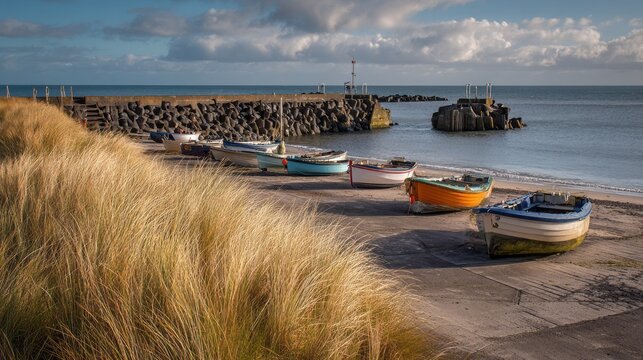 Fishing boats on sandy harbor beach at sunrise. AI generative - Powered by Adobe