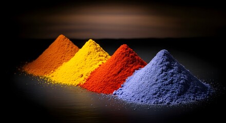 Vibrant colorful powder piles arranged in a line, rich pigment texture and gradient shades