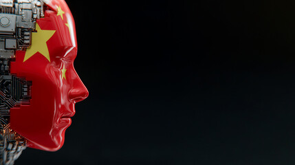 Chinese AI Technology Concept: China Flag Face integrated with Computer Circuitry