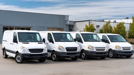 Three distinct delivery vans are parked side by side in an urban setting, featuring a range of colors and shapes under clear skies.