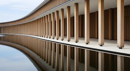 Modern curved building facade featuring elegant wooden pillars reflected in calm water.