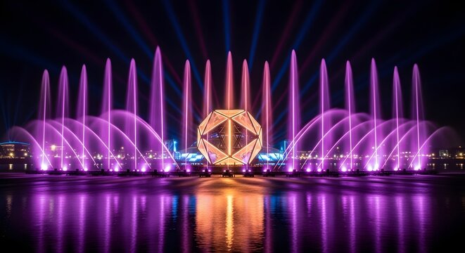 Dynamic purple and orange water fountain show with geometric light sculpture at night