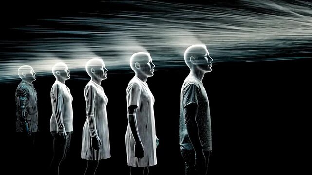 Abstract Conceptual Figures: Futuristic Neon Light Representing Human Evolution, Mindfulness, and Creativity