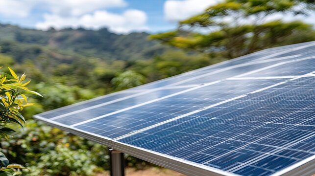 Solar panels soak in sunlight to generate energy on a clear day, showcasing a commitment to renewable energy technologies - Powered by Adobe