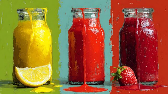 Three vibrant glass bottles filled with colorful fruit juices and a fresh strawberry against a striped background