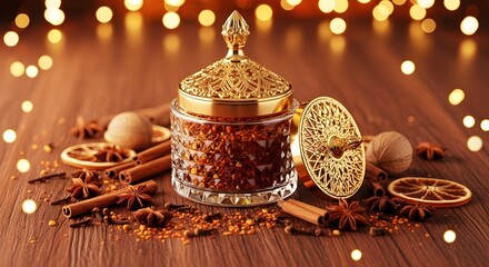 Aromatic festive spices in decorative glass jar with cinnamon, star anise, bokeh lights