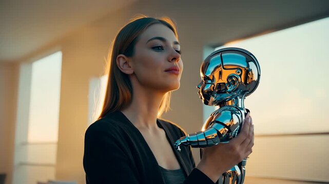 Woman turning head while holding chrome humanoid baby robot at sunset