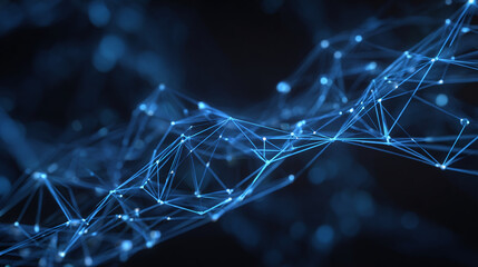Intricate digital network connection and information transfer concept visualized in a blue spectrum and interconnected nodes