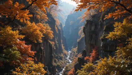 Autumn canyon with river and cliffs in scenic view