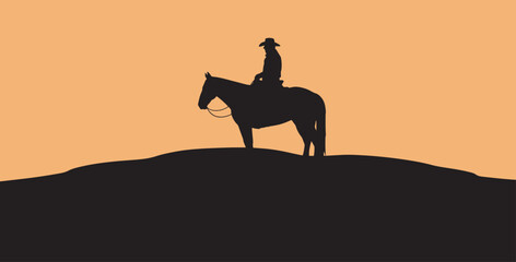 Cowboy on horseback silhouette during sunset on a hill in a simple minimalist desert landscape