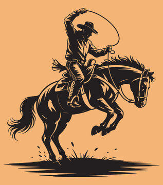 Cowboy riding a horse with a lasso in a jump western rodeo and equestrian illustration