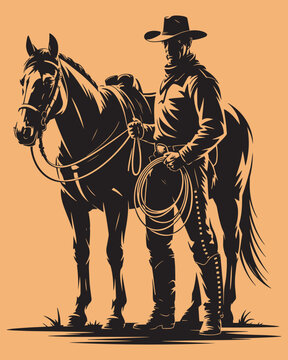 Cowboy standing with horse and lasso vector illustration