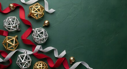 Modern geometric christmas ornaments with red and silver ribbon on green background