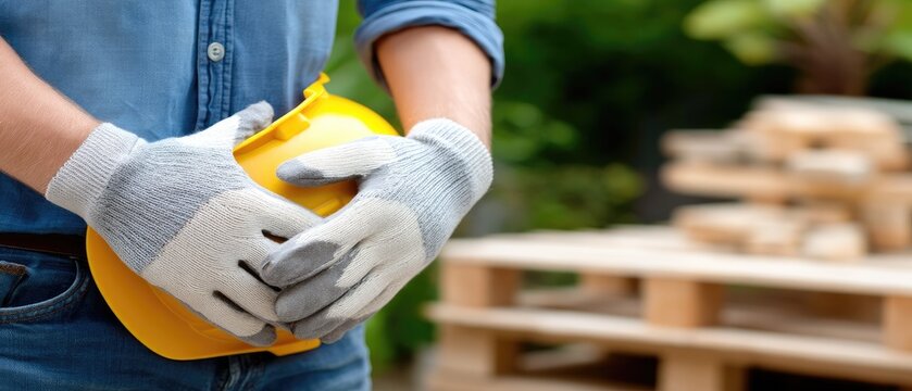 Skilled worker carrying concrete blocks while wearing safety gear in a vibrant construction site filled with materials and tools