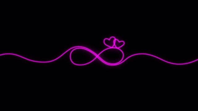 Video. One continuous neon line symbolizing the heart and infinity. The concept of eternal love, friendship. Animation on a black background 4K.