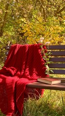 Cozy autumn scene with a red blanket and a book on a park bench surrounded by colorful leaves