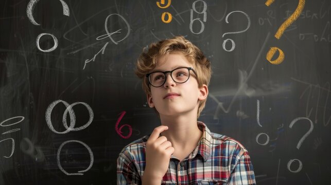 A young Caucasian boy with curly blond hair and glasses is thinking in front of a chalkboard filled with mathematical symbols and question marks.
