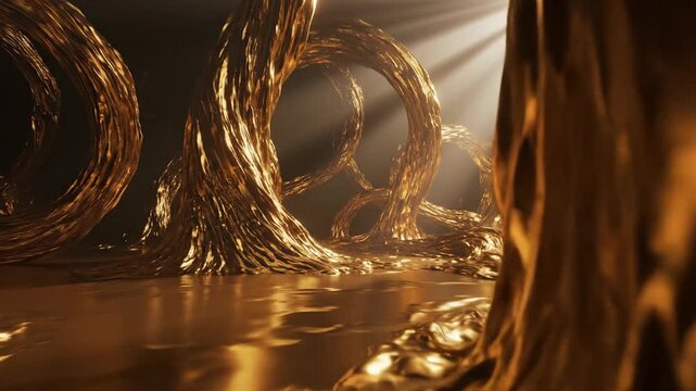 Golden, glossy, tree-like structures reflecting light on a liquid, reflective surface against a dark background