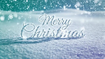 Merry Christmas lettering animation emerging on snowy winter background. Festive holiday text with falling snowflakes and sparkling effects for seasonal greetings. - Powered by Adobe