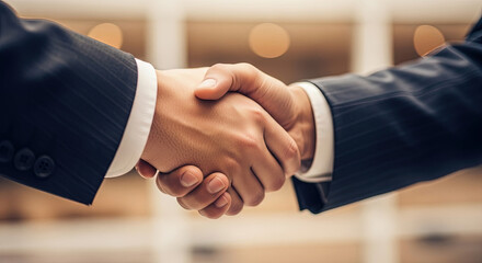 Successful Businessmen Sealing Agreement Partnership Professional Handshake Close Up View Indoors Office Corporate Deal Trust Collaboration