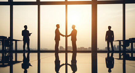 Silhouettes of four business people shaking hands and standing in sunlit modern office with expansive windows illustrating partnership and success