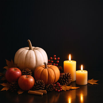 Autumn Decor: Pumpkins, Apples, Berries, Pinecones, & Warm Candlelight against a Dark Background Ai Generated