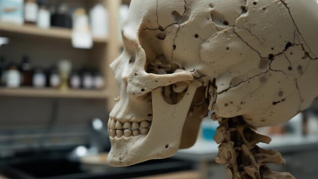 Human skull on analysis table in laboratory for medical research and study. Human skull bone - Phrenology, craniometry, neurology