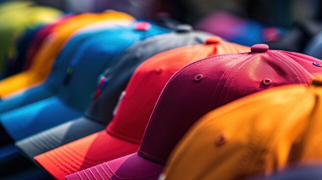 A row of colorful baseball caps displayed in a market. The caps are in various shades including red, blue, gray, and yellow, showcasing vibrant designs.