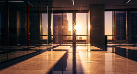 Empty luxury modern office interior large floor length windows reflecting sunlight dramatic shadows polished marble surface stunning highrise city view