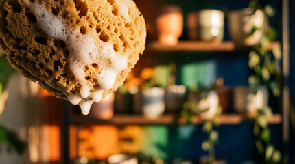 Fototapeta premium Close-up of a natural sea sponge with bubbles against a colorful backdrop, ideal for home decor or eco-friendly cleaning products.