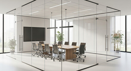 Contemporary corporate meeting room interior glass partitions stylish board table chairs television screen bright office space architecture