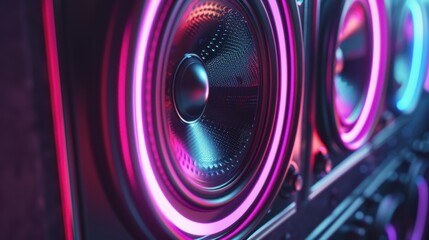 Close-up of a vibrant speaker with colorful LED lights. The speaker features a metallic grille and is designed for high-quality sound output.