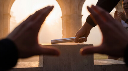 A dynamic image of a baton being passed at sunrise, perfect for sports events, motivational materials, or teamwork themes.