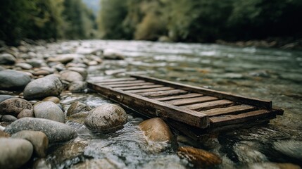 Weathered Wooden Ladder in Shallow Flowing Riverbed