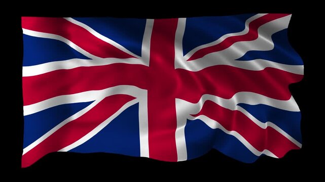 Realistic UK flag waving in a seamless loop with alpha channel for overlays perfect for UK National Day, patriotic events, government celebrations, cultural projects, and 4K compositing