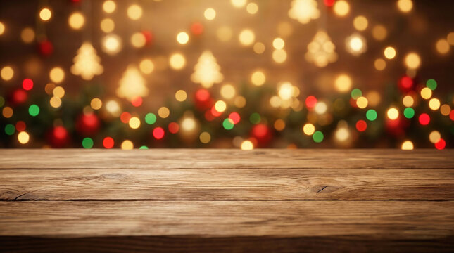 Christmas tree bokeh lights decoration scene background with wood table display for festive holiday merry christmas celebration