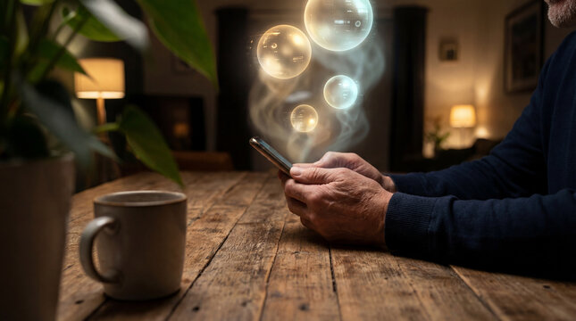 Person using smartphone at a wooden table with glowing digital bubbles, great for futuristic themes.