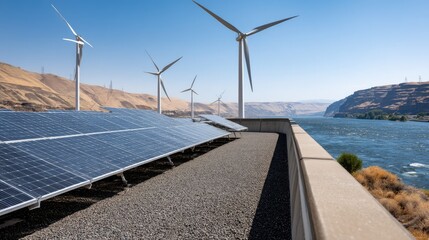 Wind turbines and solar panels harness renewable energy near a river set against a backdrop of rolling mountains under a cloudy sky