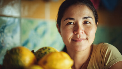 Genuine smile from a radiant woman with fresh lemons in a vibrant kitchen, a portrait of healthy living and natural beauty, promoting wellness today