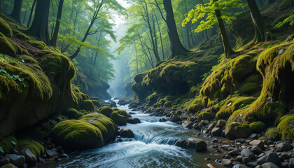 A river flowing through a lush green mossy forest