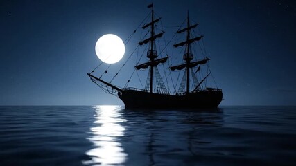 A silhouette of a ship sails across dark waters under a full moon at night, many stars visible
