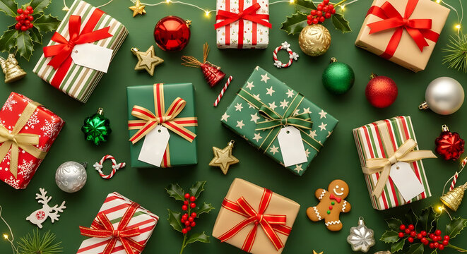 Overhead view of christmas presents and decorations on a festive green background flat lay